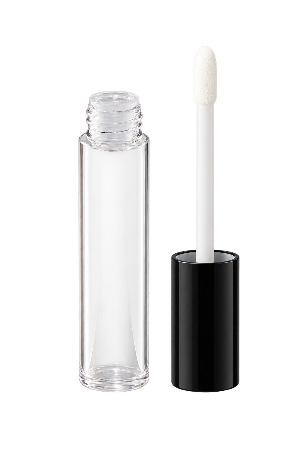 Empty clear gloss bottle with black cap and white flock-tip applicator