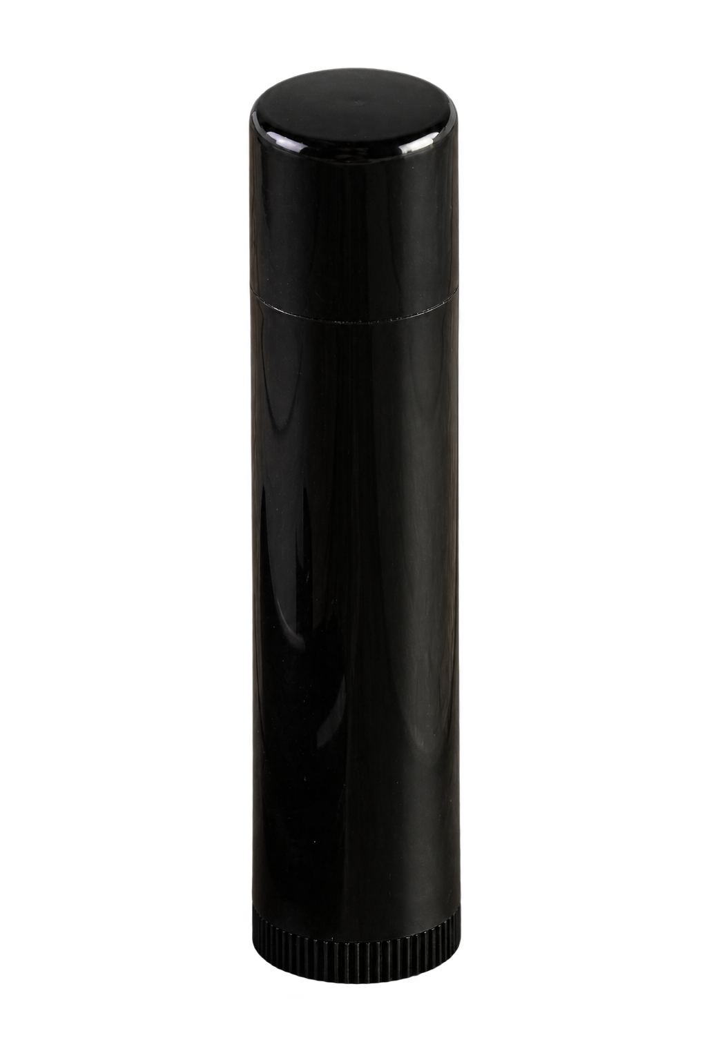 Empty black round lip balm tube, closed